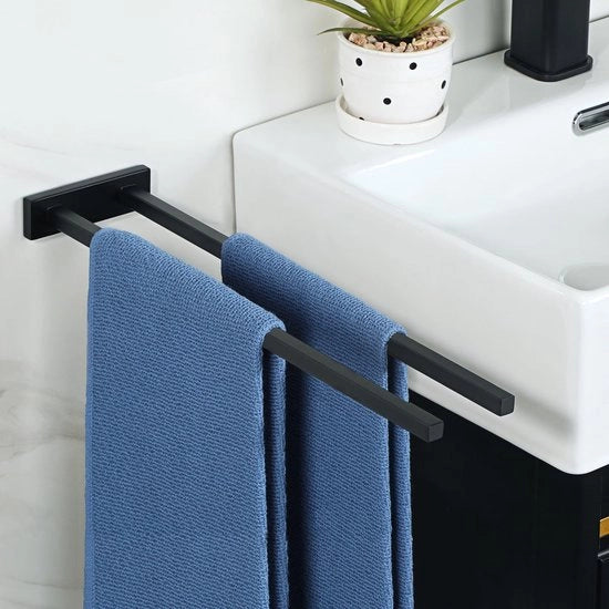 Sostegno asciugamano per bagno e cucina a due braccia con attacco alla parete in acciaio inossidabile nero da 40CM