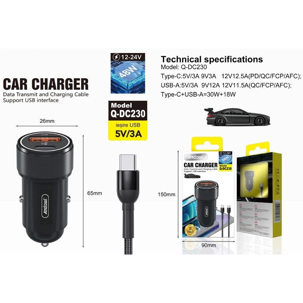 Trade Shop - Caricabatteria Da Auto Con 2 Porte Pd+qc3.0 Cavo 1mt 12v/24v 48w Ricarica Rapida Q-dc230 -