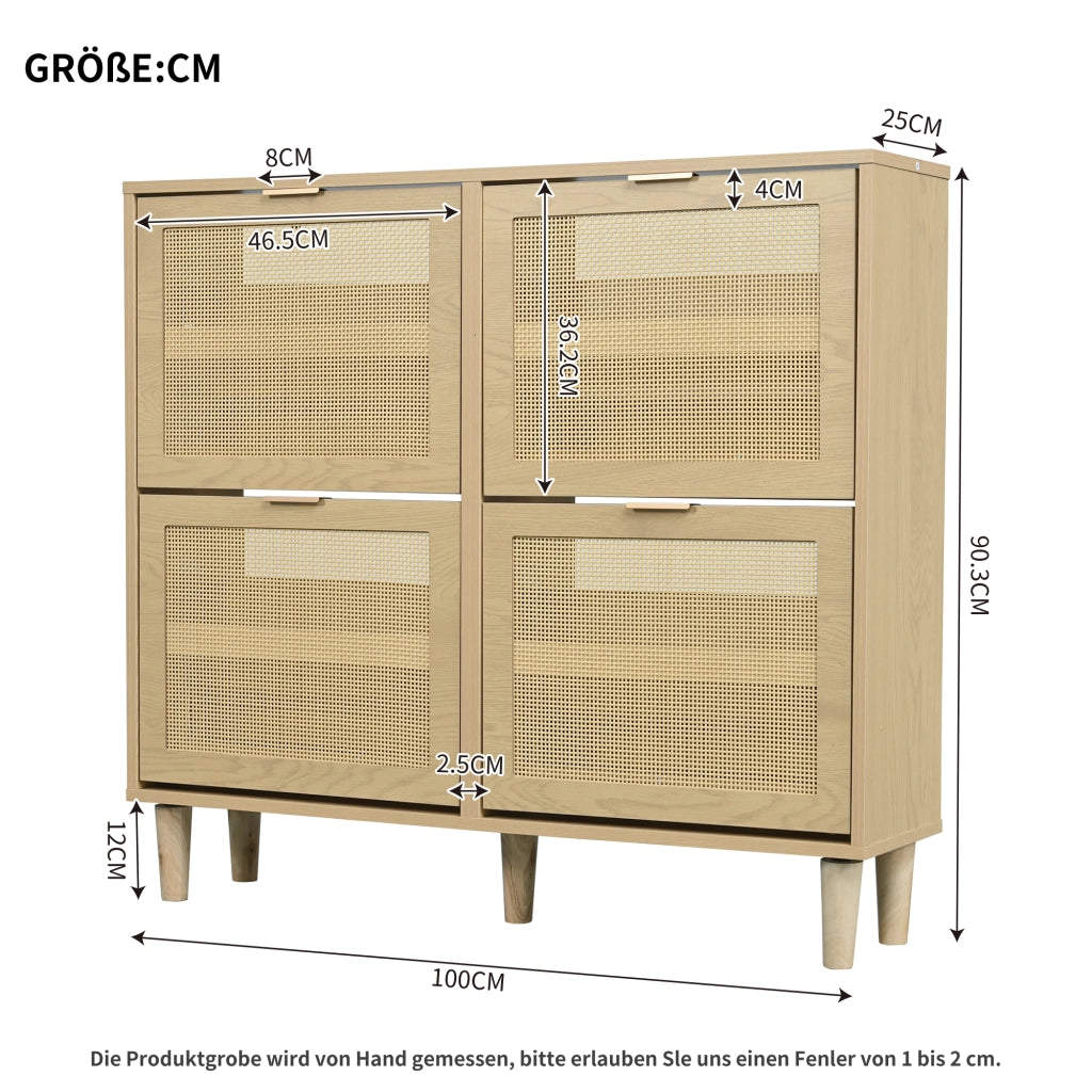 OKWISH Scarpiera con 4 Ante a Ribalta, Ripiani Regolabili, Dettagli in Rattan e Gambe in Legno, per Ingresso, 100×25×90 cm