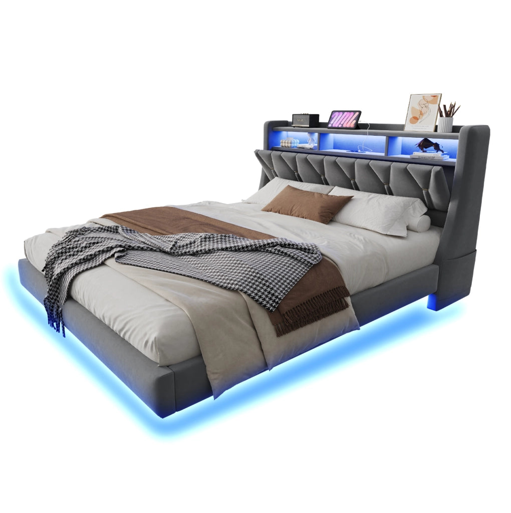 Letto imbottito 180x200 cm con testiera ribaltabile; LED; USB e Type-C; velluto grigio