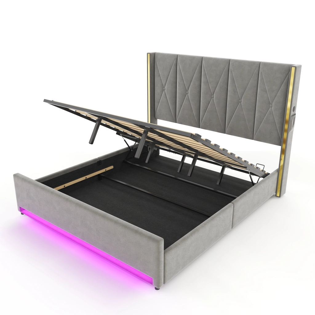Letto Contenitore Imbottito con LED, USB e Idraulico ¨C MINIMAL ¨C Velluto, 180x200