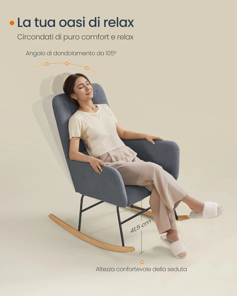 Sedia a Dondolo, con Braccioli, Poltrona a Dondolo, Rivestimento in Peluche, Struttura in Acciaio, Piedi in Legno, Portata 160 kg, Camera da Letto Salotto, Grigio Ardesia LYY500G01