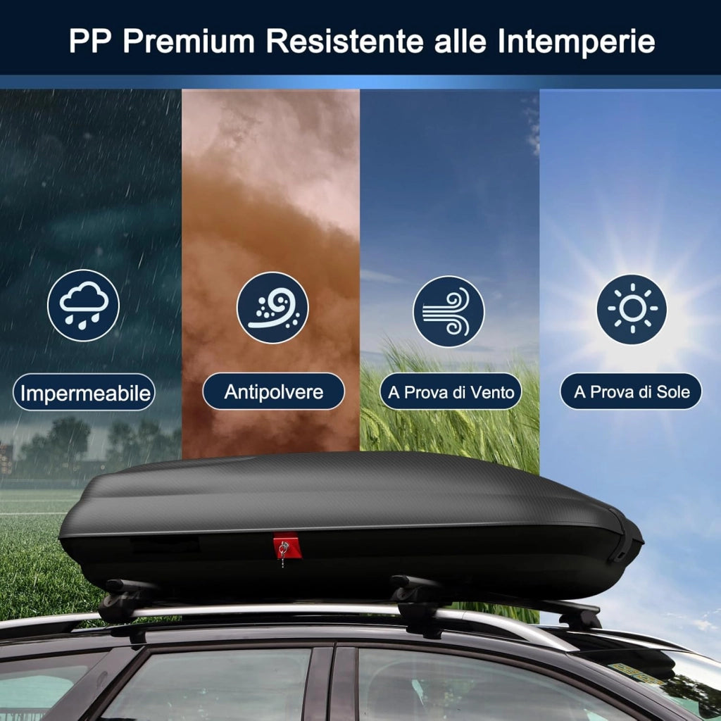 Box da Tetto per Auto XL, Baule Tetto Universale Rigido Impermeabile Super Resistente in Fibra Carbonio e Metallo, Portapacchi per Auto con Chiavi, Capacità 50 kg (132 x 77 x 31 cm)