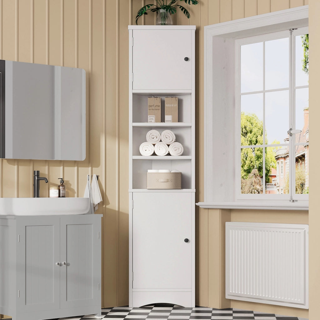 Armadietto Bagno Triangolare ¨C MINIMAL ¨C Bianco, 3 Ripiani, Ante, Salvaspazio, 36.5x24.5x170