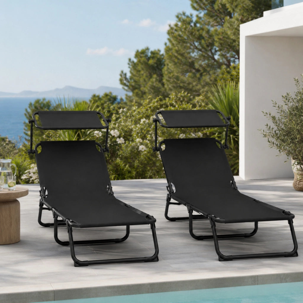 Set 2 Lettini Mare Pieghevoli Struttura In Acciaio Traspirante Con Schienale Reclinabile E Tettuccio Parasole Regolabile Ideali Per Spiaggia Giardino Campeggio Relax Estivo 24 X 187 X 53 Cm Nero