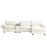 Divano angolare modulare 4 posti con pouf; vano contenitore; ricarica senza fili; luce; 2 portabicchieri ciniglia beige 315 Ã— 70 Ã— 85 cm