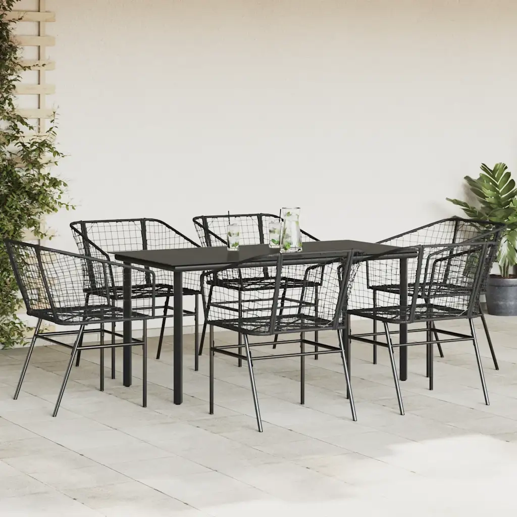 Set Pranzo da Giardino 7 pz | Set Salotto da Giardino Nero Polyrattan Vetro