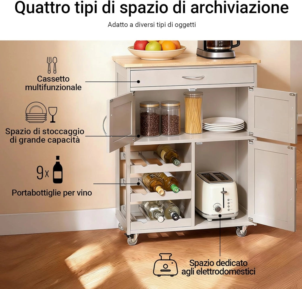 Mobile Cucina Salvaspazio con Ruote, Carrello Cucina con Ruote, Mobiletto Cucina con Cassetti e Portabottiglie, Mobiletto Credenza Cucina per Cucina o Sala da Pranzo, Cachi 67x38x86cm FKW45-KA