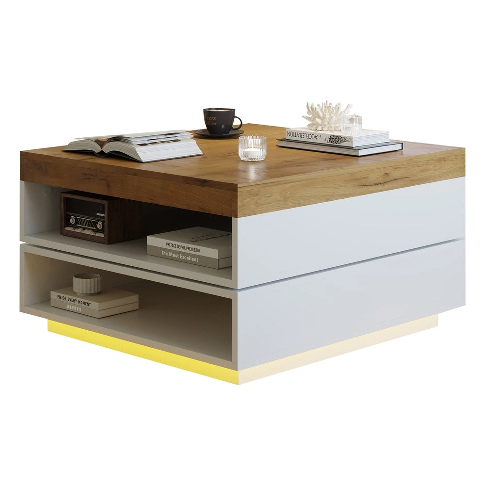 Tavolino da Caff¨¨ con LED Rotante 360¡ã ¨C MINIMAL ¨C Bianco/Legno 65x65x40
