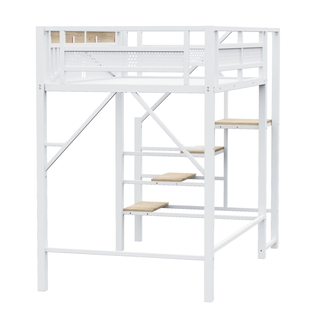 Letto a soppalco 140x200 cm con scala di sicurezza e spazio sotto il letto in metallo e legno bianco
