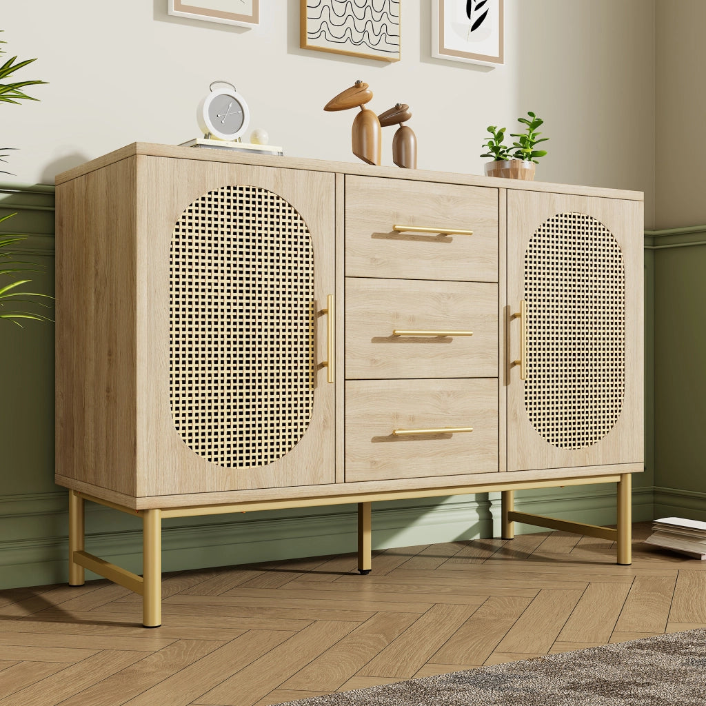Credenza con 2 Ante in Effetto Rattan e 3 Cassetti; Ripiano Regolabile; 120??40??74 cm; Rovere Sonoma