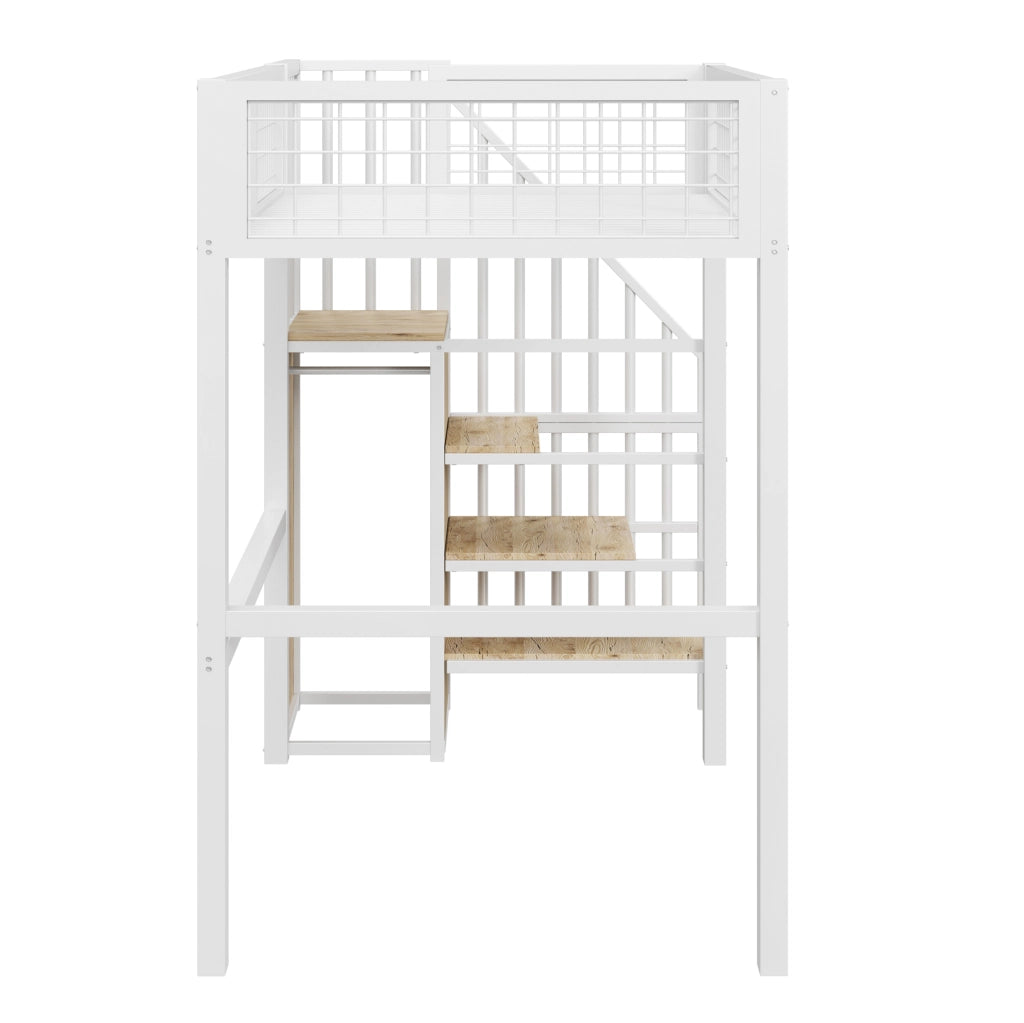 Letto alto per bambini 90x200 cm in metallo bianco con scala e armadio