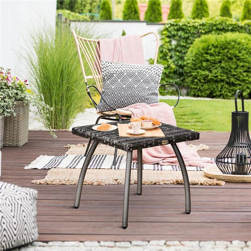 TAVOLINO IN RATTAN SINTETICO DA ESTERNO IMPERMEABILE 45 X 45 X 44 CM GRIGIO