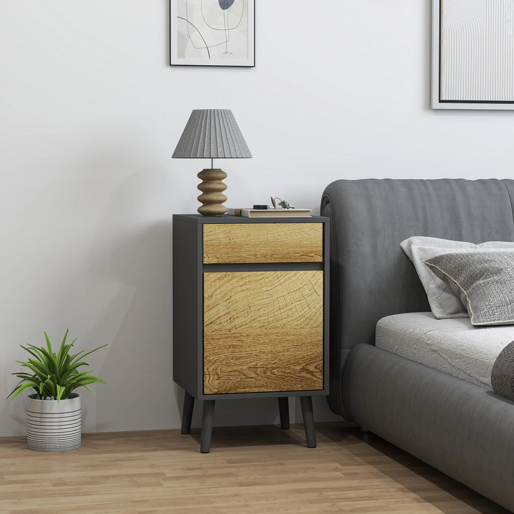 Comodino Moderno 40x39x69 cm con Cassetto e Armadietto in Truciolare Senza Maniglie Grigio Scuro e Legno