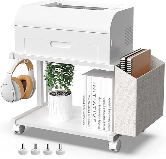 Stendardo per stampante moderno a 2 livelli, in legno, con tasca di stoccaggio, per uso domestico, ufficio, scrivania, stampante, organizzatore, mobile per stampante, carro con ruota oscillante