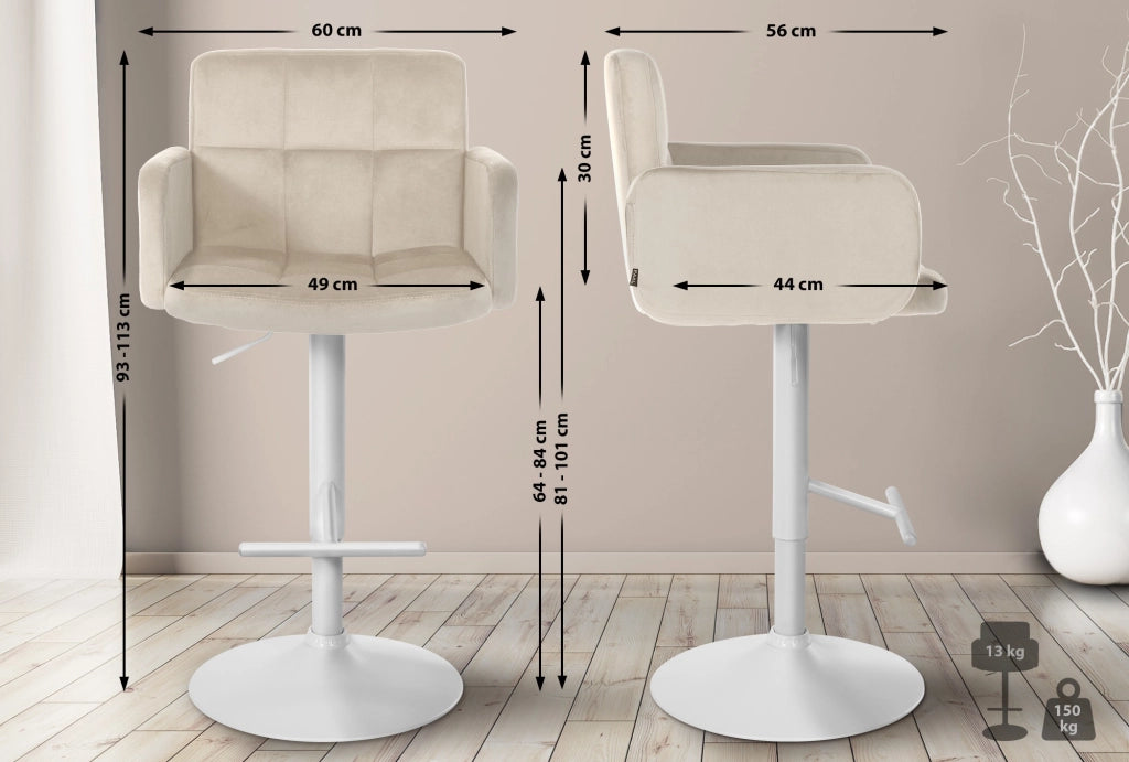 Set di 2 sgabelli da bar Los Angeles in velluto crema,bianco