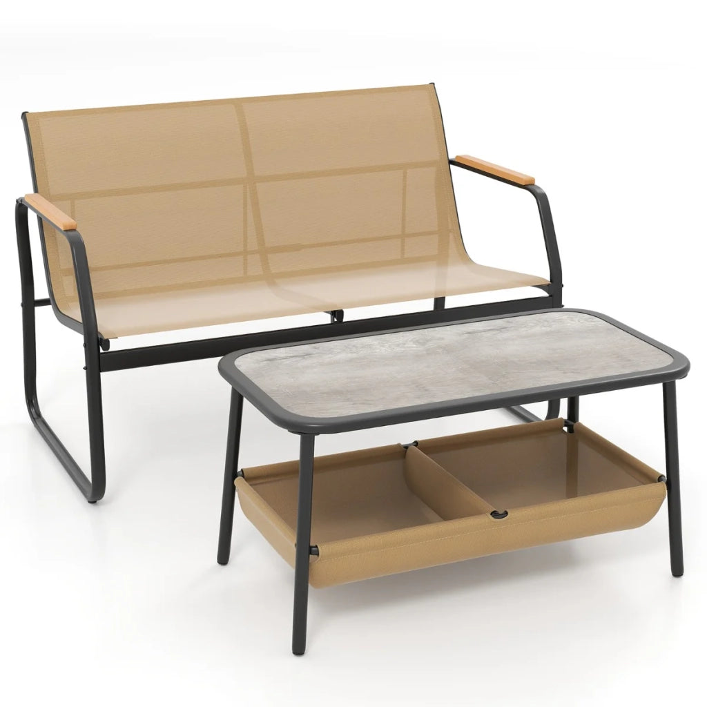 Set di 2 mobili da giardino: divano ergonomico 64 x 114 x 76 cm con tavolino 85 x 45 x 44 cm atmosfera accogliente tessuto color caffè 20_0013425
