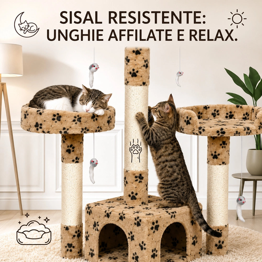 Tiragraffi per Gatti Albero Sisal Parco Giochi Gatto Tira Graffi 170cm Beige