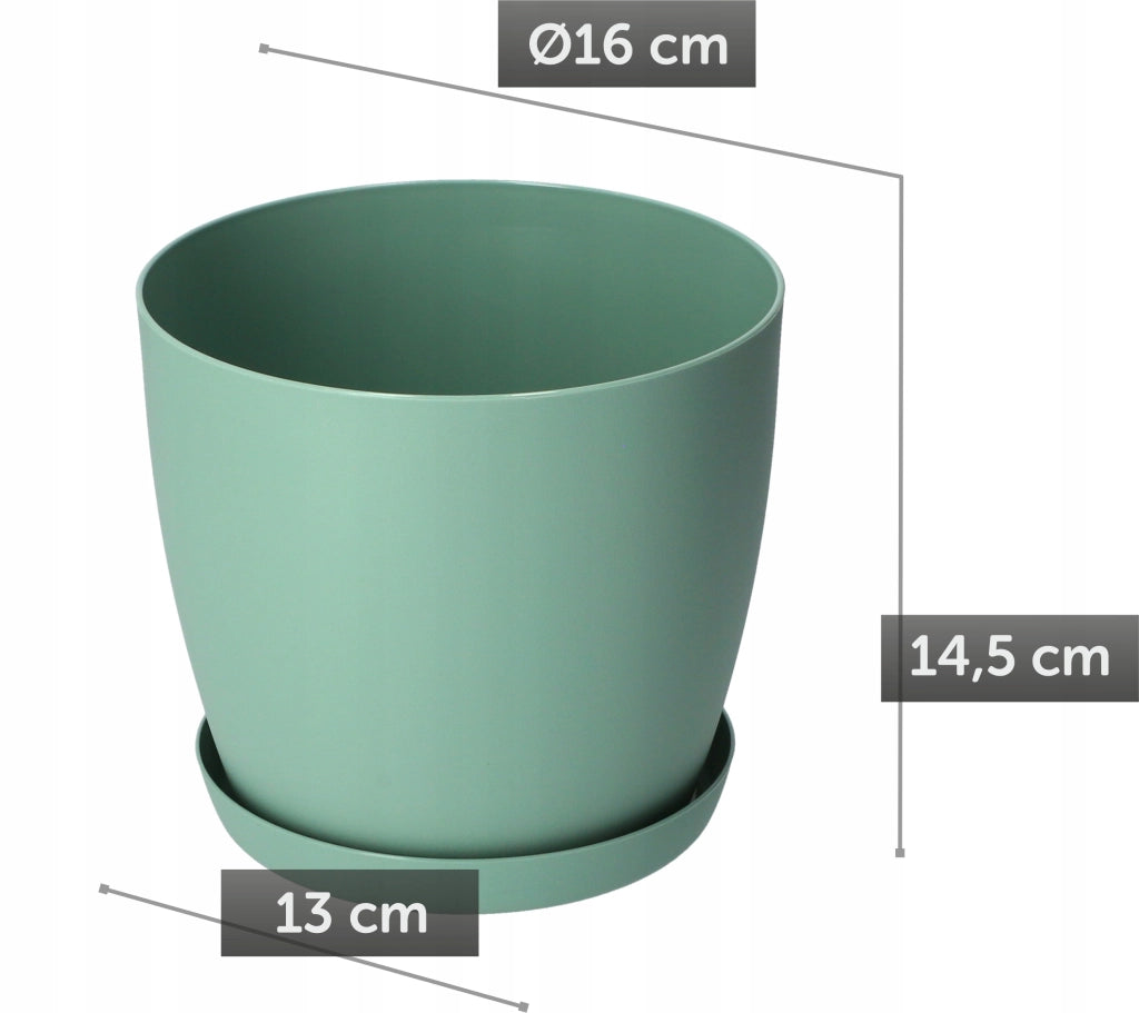 Vaso da fiori KADAX con sottovaso, vaso in plastica da 16 cm, coperchio, fiori, verde opaco