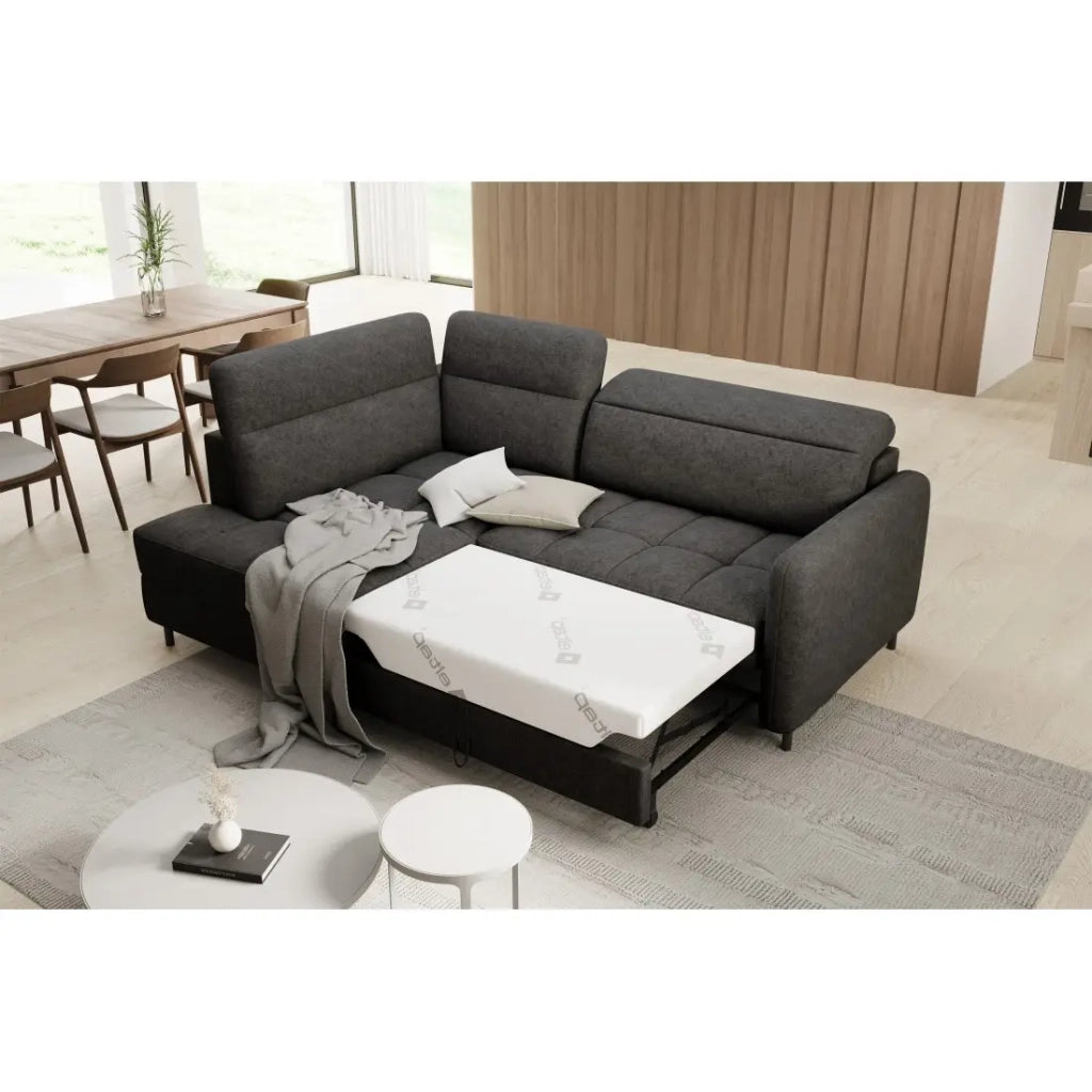 Divano ad angolo sinistro convertibile BARNEA 208 cm grigio scuro con contenitore
