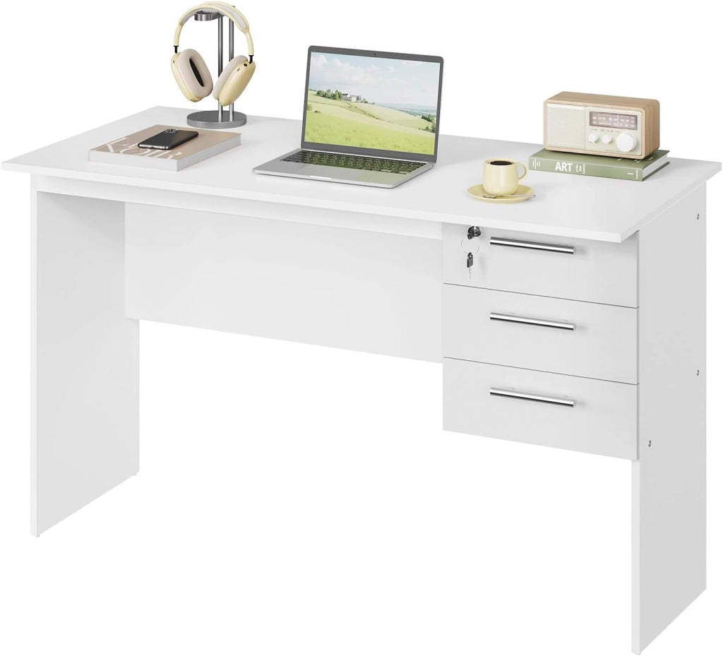 Scrivania con 3 Cassetti, 120x60 cm, Tavolo da Lavoro, Scrivania per Computer, Porta PC in Legno, Nero