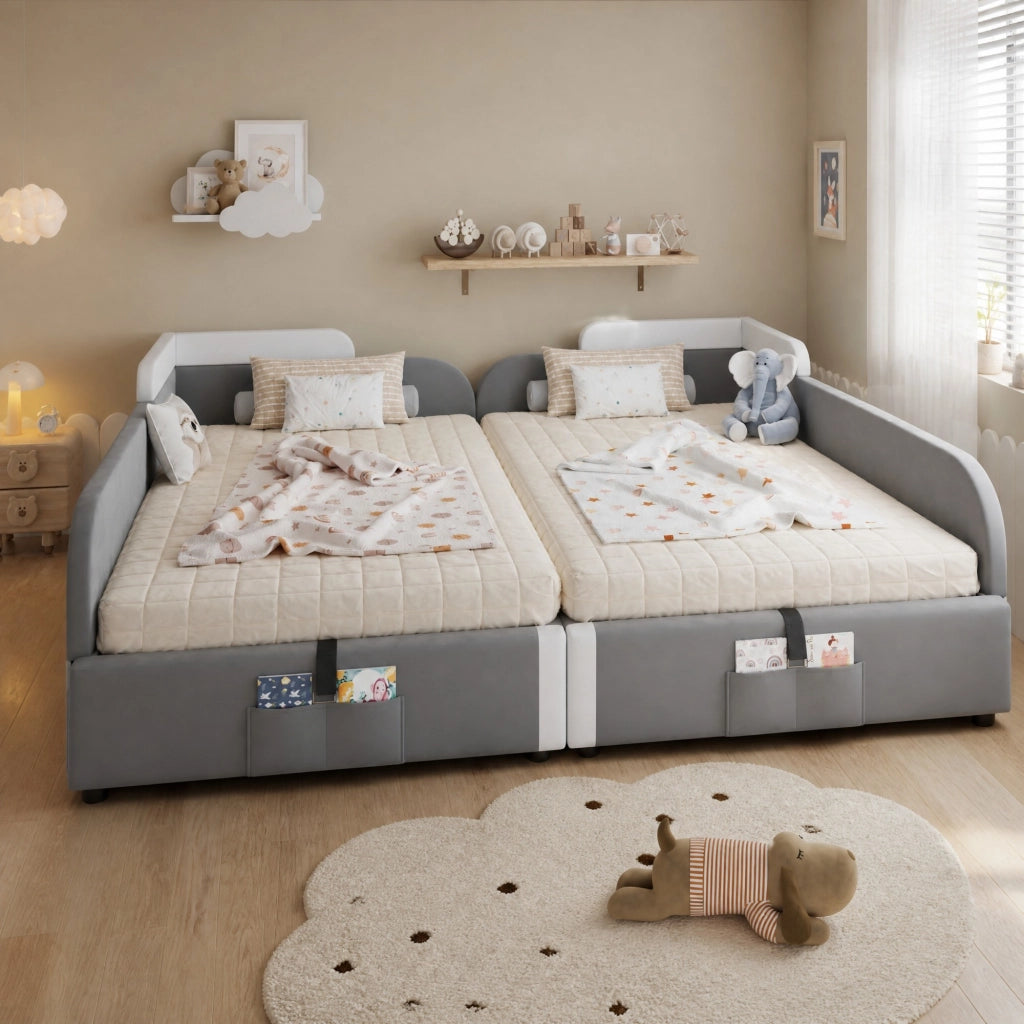 Letto imbottito per bambini con vano contenitore idraulico; velluto; per 2 materassi 90x200 cm