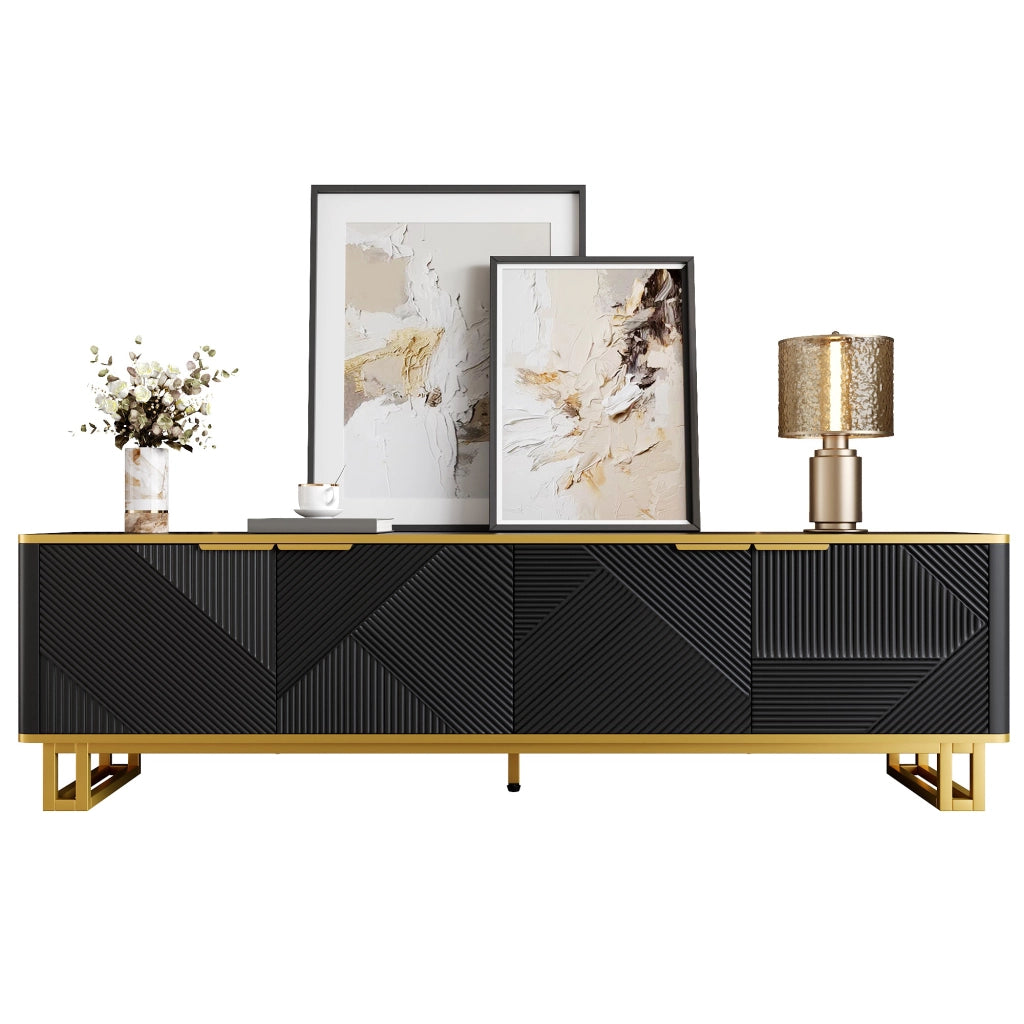Mobile TV geometrico con quattro ante, struttura in MDF e telaio in ferro, 160 x 37,5 x 48 cm, nero
