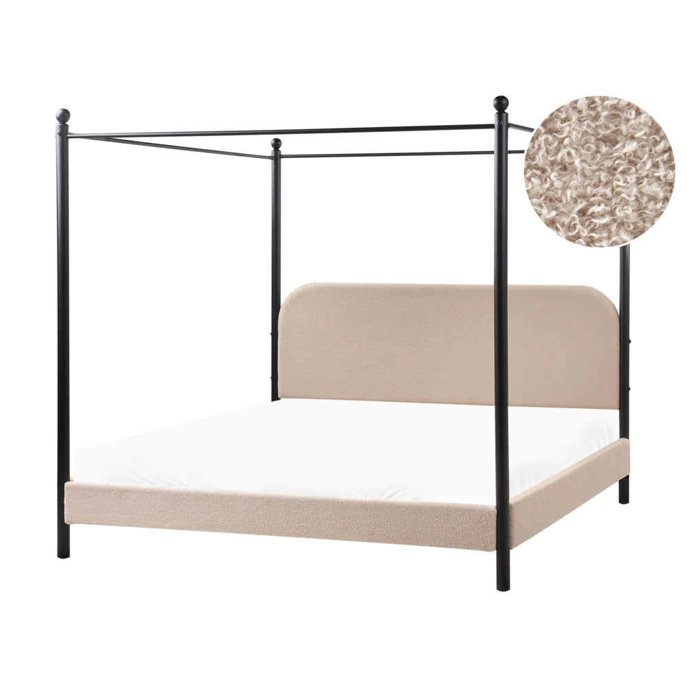 Letto a baldacchino in metallo nero con rivestimento in bouclé beige 180 x 200 cm EU Dimensioni doppie Retro Minimalista