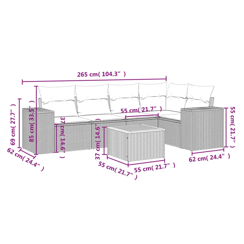 Set Divano da Giardino 6 pz con Cuscini Beige in Polyrattan