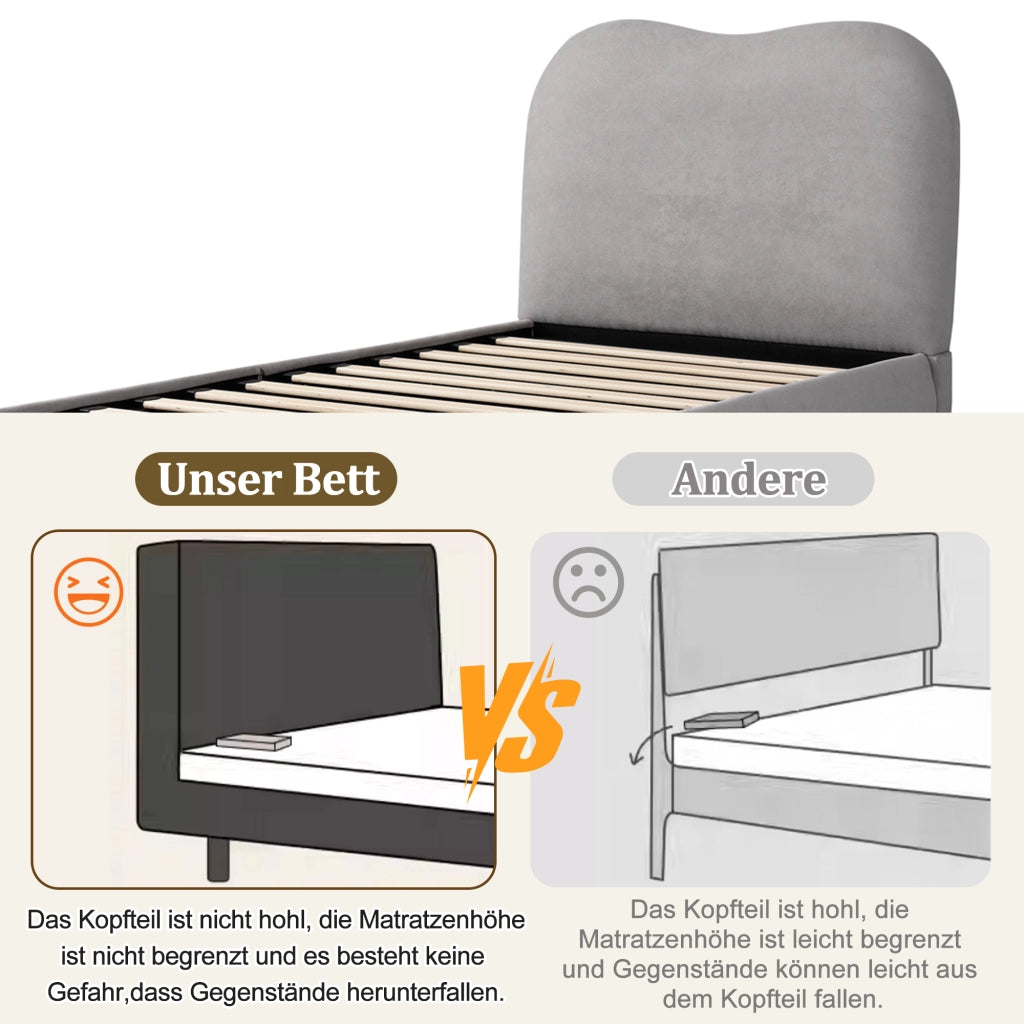 LETTO Imbottito per bambini 90 x 200 cm in lino grigio con rete a doghe e contenitore