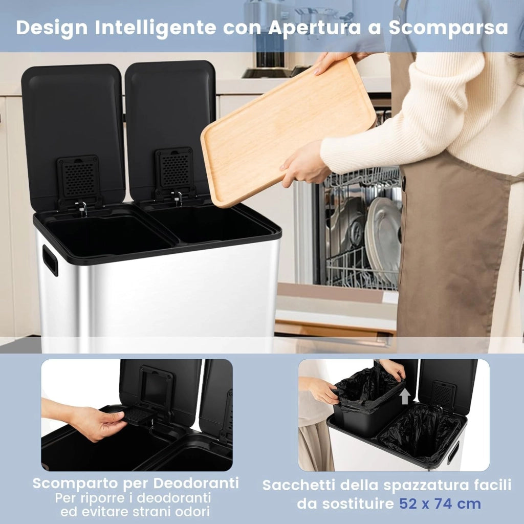 2x30 L Pattumiera Differenziata, Bidoni Differenziata in Acciaio Inox a 2 Scomparti, Anti-Impronte, Secchio Spazzatura con Coperchi a Chiusura Morbida, per Casa Ufficio (Argento)