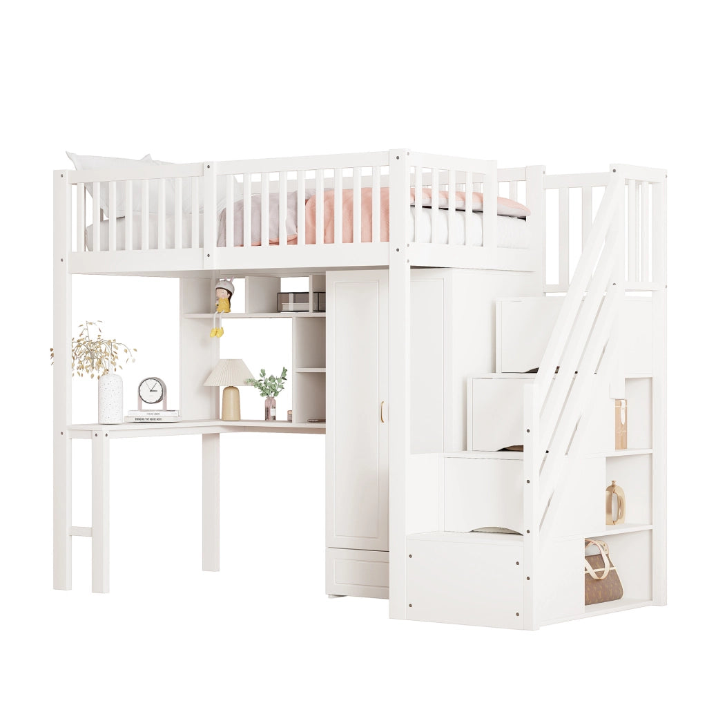 Letto a soppalco 90x200 cm in legno massello bianco con armadio; tavolo e scala contenitore