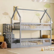 Letto a castello con tetto e scalini in legno massello grigio 90x200 cm