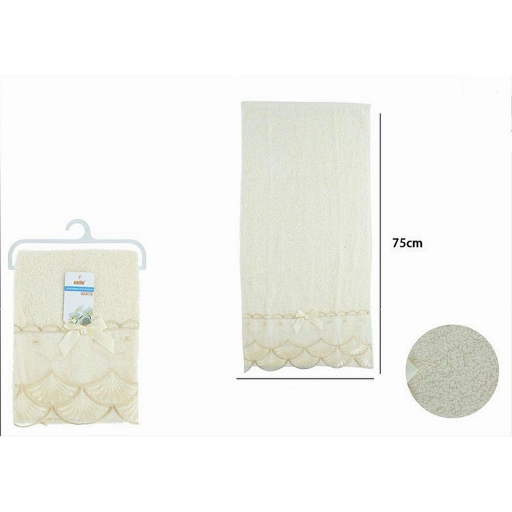 Trade Shop - Asciugamano Bagno Viso Piccolo Cotone Morbido Decorato 35x75cm Beige Chiaro 79502 -