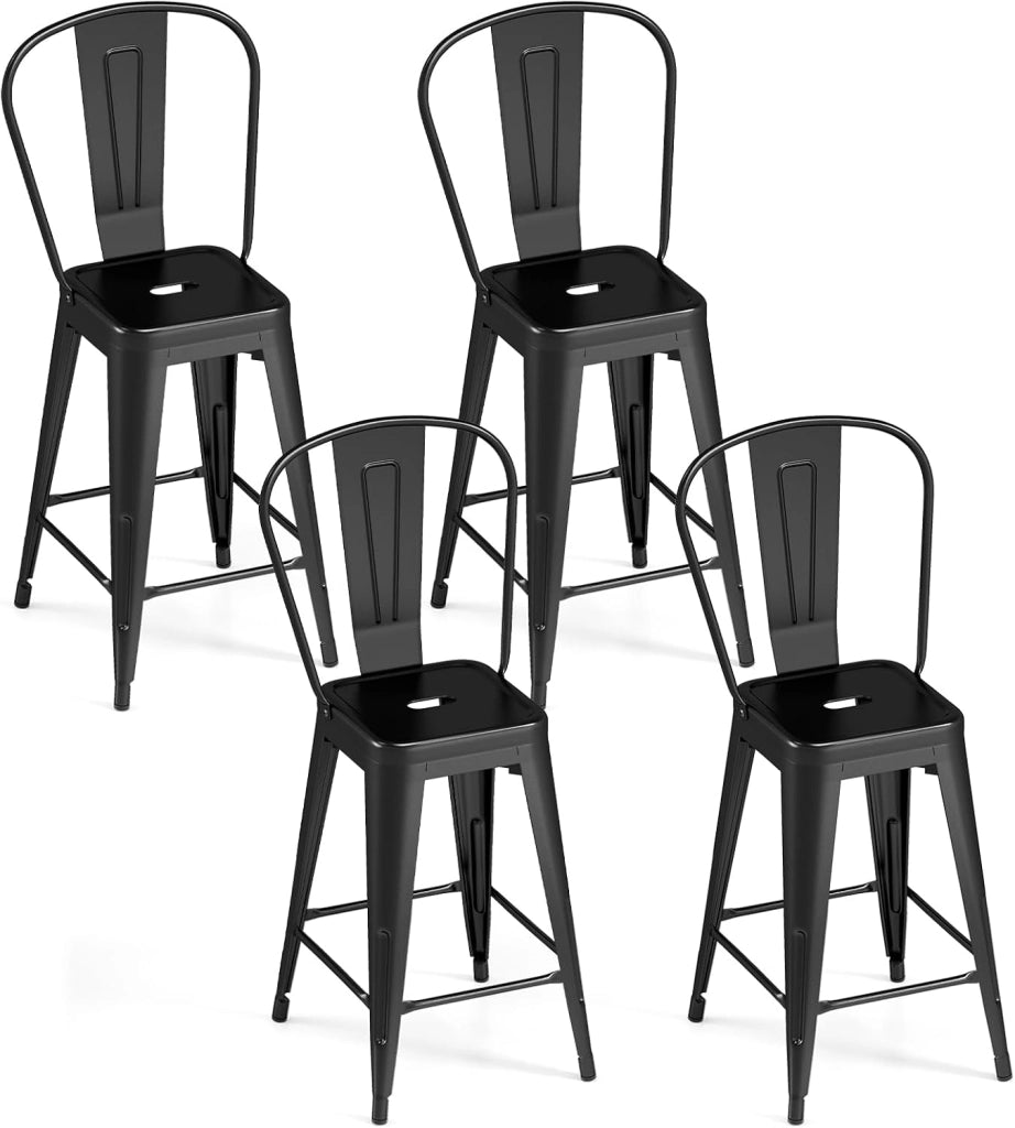 Set da 4 Sgabelli da Bar in Metallo con Schienale Rimovibile | Sedie per Cucina Impilabili con Poggiapiedi, Sgabelli da Bistrot per Soggiorno e Sala da Pranzo, Portata 160 kg