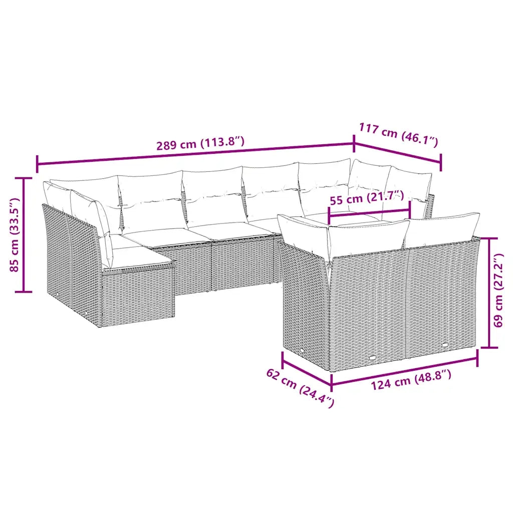 Set Divani da Giardino 9 pz con Cuscini Nero in Polyrattan 3249985