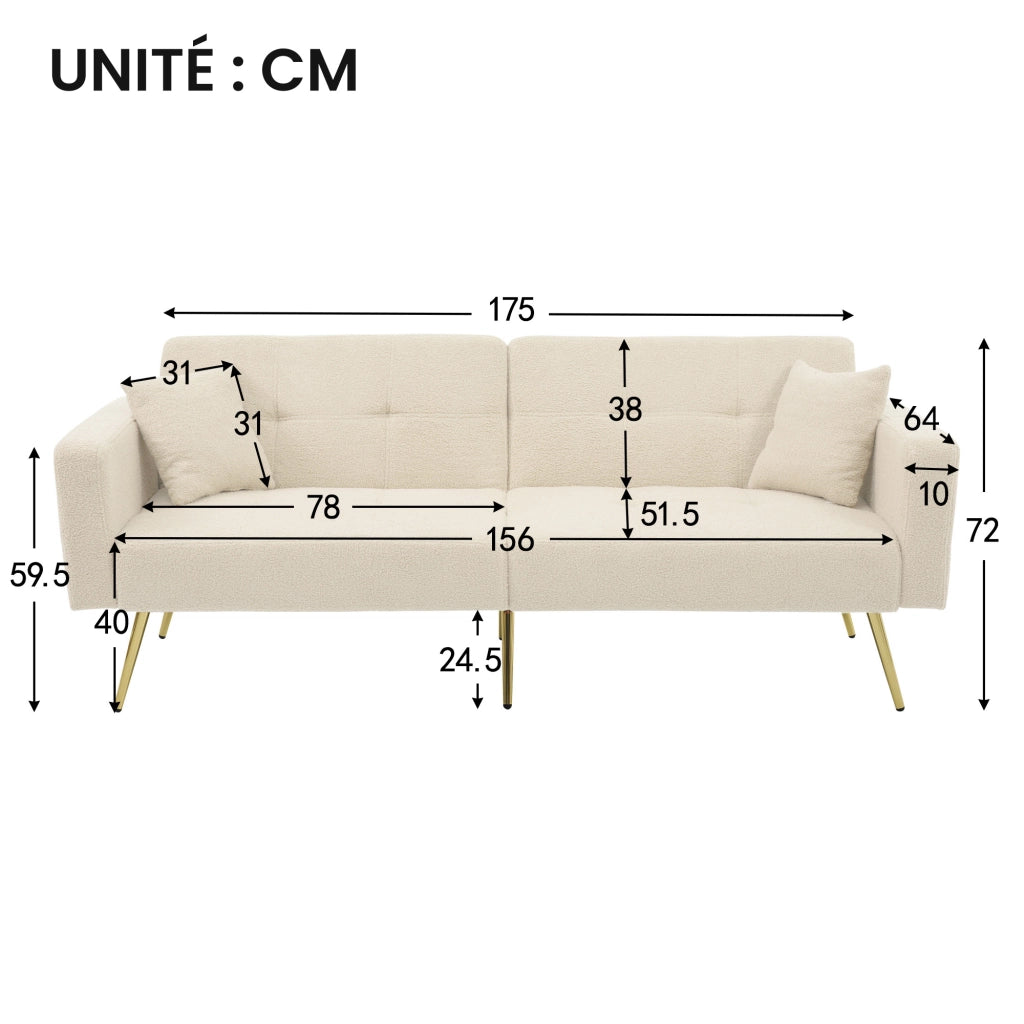 Divano Letto con Schienale Regolabile; 2 Tasche Laterali e Gambe Dorate; in Schiuma; Beige; 175 × 64 × 72 cm