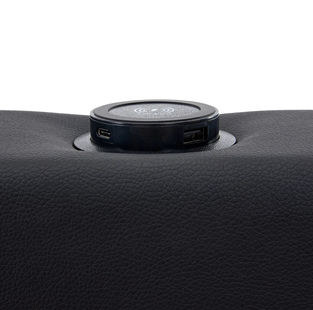Letto imbottito 140x200 cm con LED; ricarica USB e wireless; 4 cassetti; similpelle nera