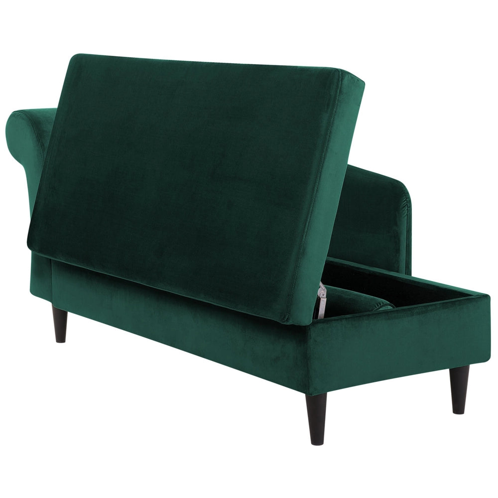 Chaise longue rivestimento in velluto verde con contenitore a versione sinistra con supporto