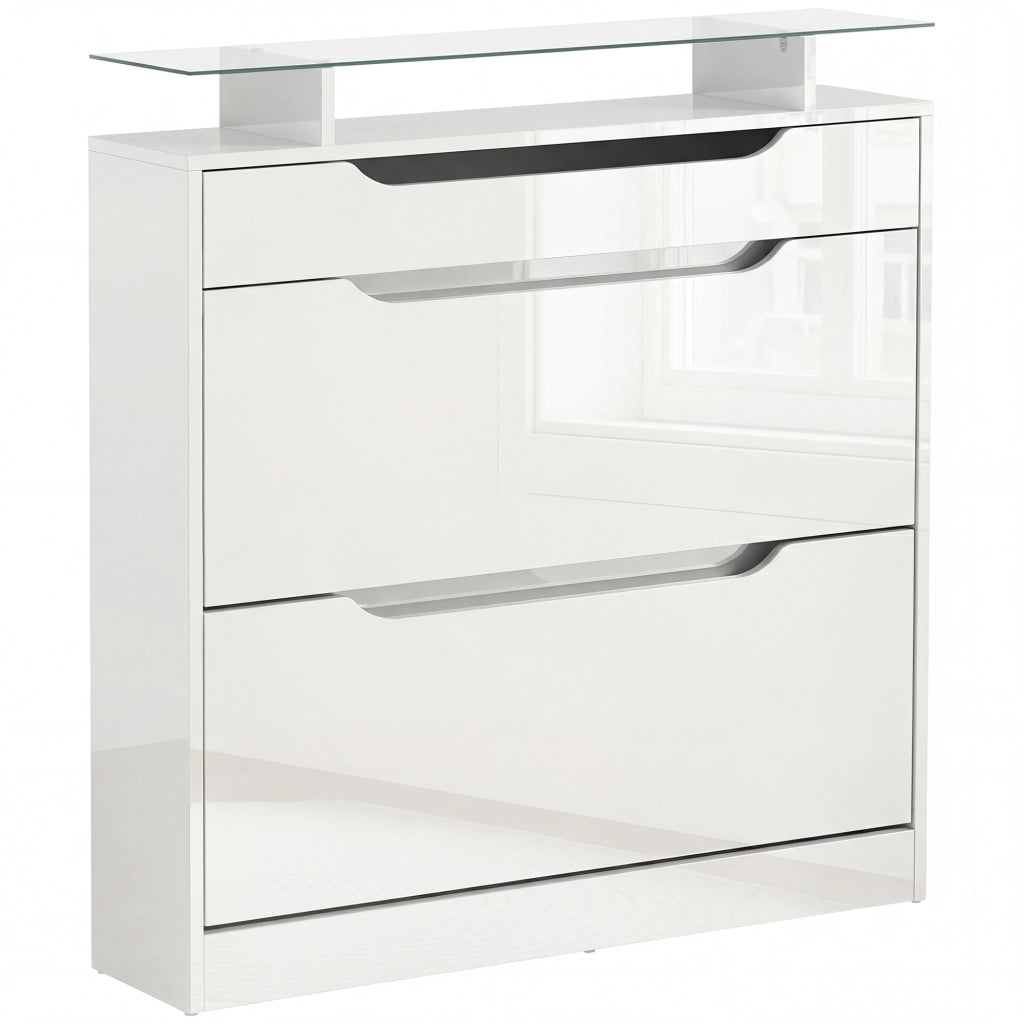 Scarpiera Salvaspazio Slim ¨C Xylo ¨C Bianco Lucido, 2 Ante a Ribalta, Cassetto, 16 Paia, 89x23x96cm
