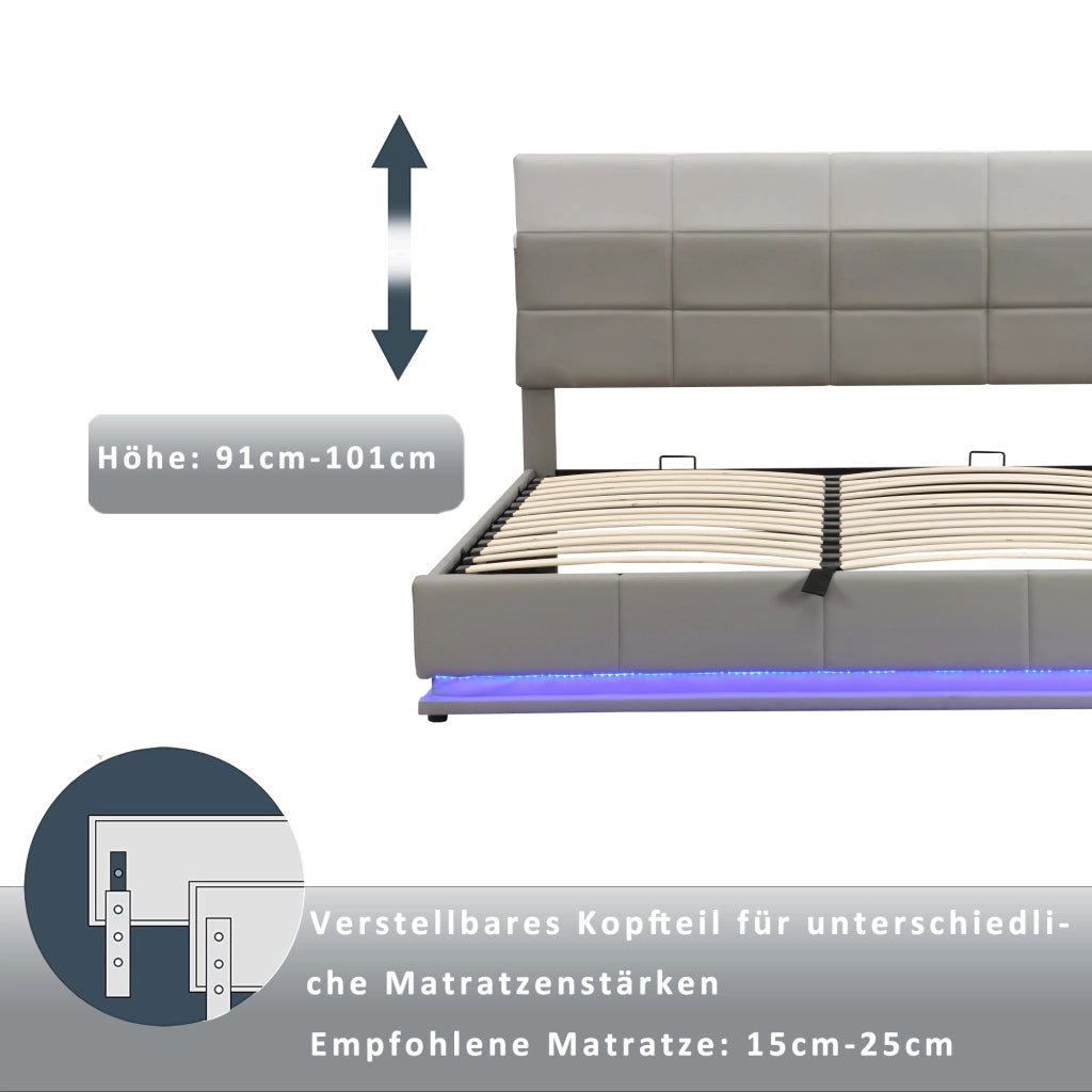 Letto Contenitore Matrimoniale 180x200 cm; LED e Testiera Regolabile in PU Grigio