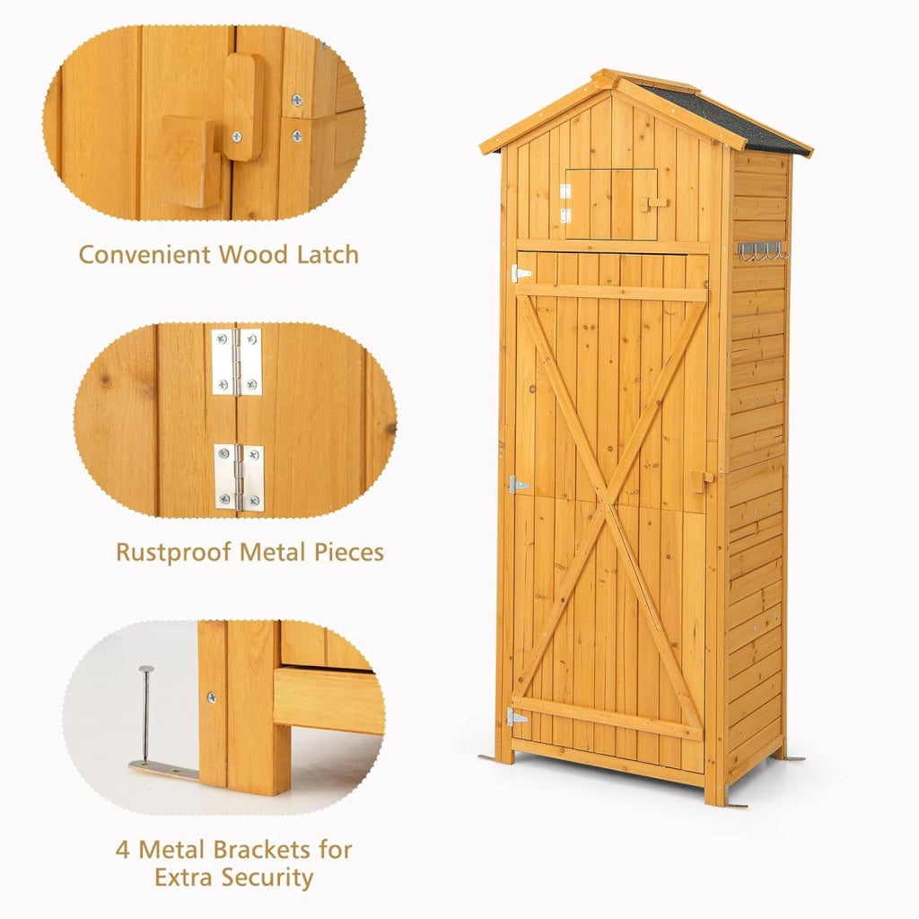 Casetta da Giardino in legno, Capanno per Attrezzi Multifunzione, Armadietto da Giardino con Tetto a 2 Falde, Scaffale, Tavolo Pieghevole, 65 x 42 x 180,5 cm, Colore Naturale
