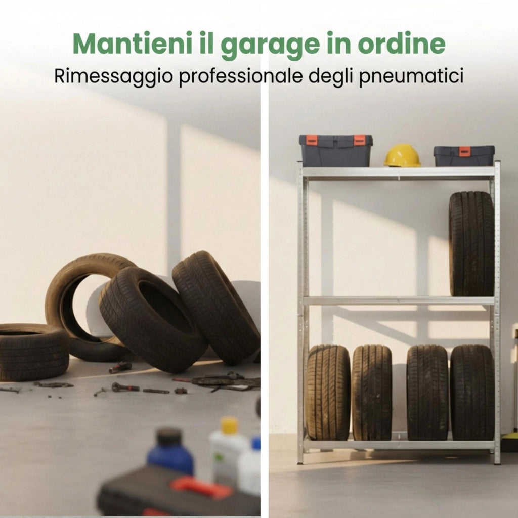 Scaffale portagomme da garage in metallo 3 ripiani Zincato argentato 120x40x180 cm