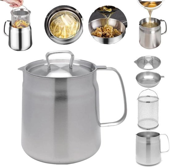 Piatto per frittura - Piatto per frittura - Frittiera - Piatto per frittura - Filtri - Separatore residui grassi - Piatto per frittura in acciaio inossidabile con cesta e setaccio - Grande capacità - Resistente a lavastoviglie - 68 oz - 2 L - Argento