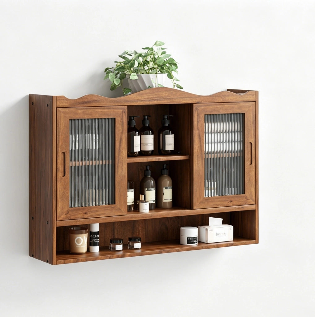 Mobile pensile retrò 90x20x60 cm in legno e vetro marrone per cucina