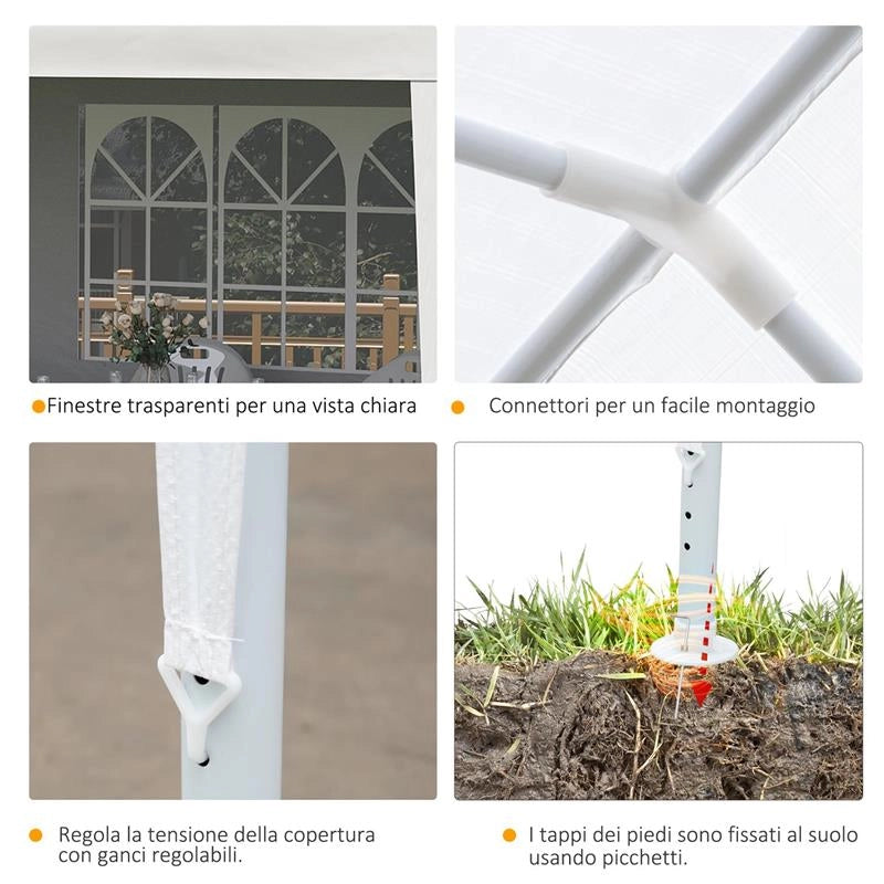 GAZEBO DA GIARDINO PER EVENTI CON 4 PARETI RIMOVIBILI CON FINESTRE 5.8X2.9X2.5M BIANCO