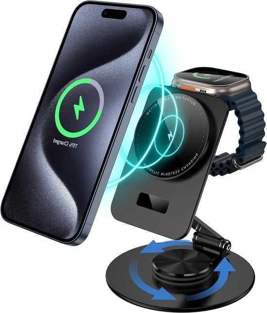 Stazione di ricarica senza fili per dispositivi Apple 2 in 1 con tecnologia Mag safe, compatibile con iPhone, Apple Watch, caricatore pieghevole per AirPods Pro, eco-friendly. Stazione di ricarica.