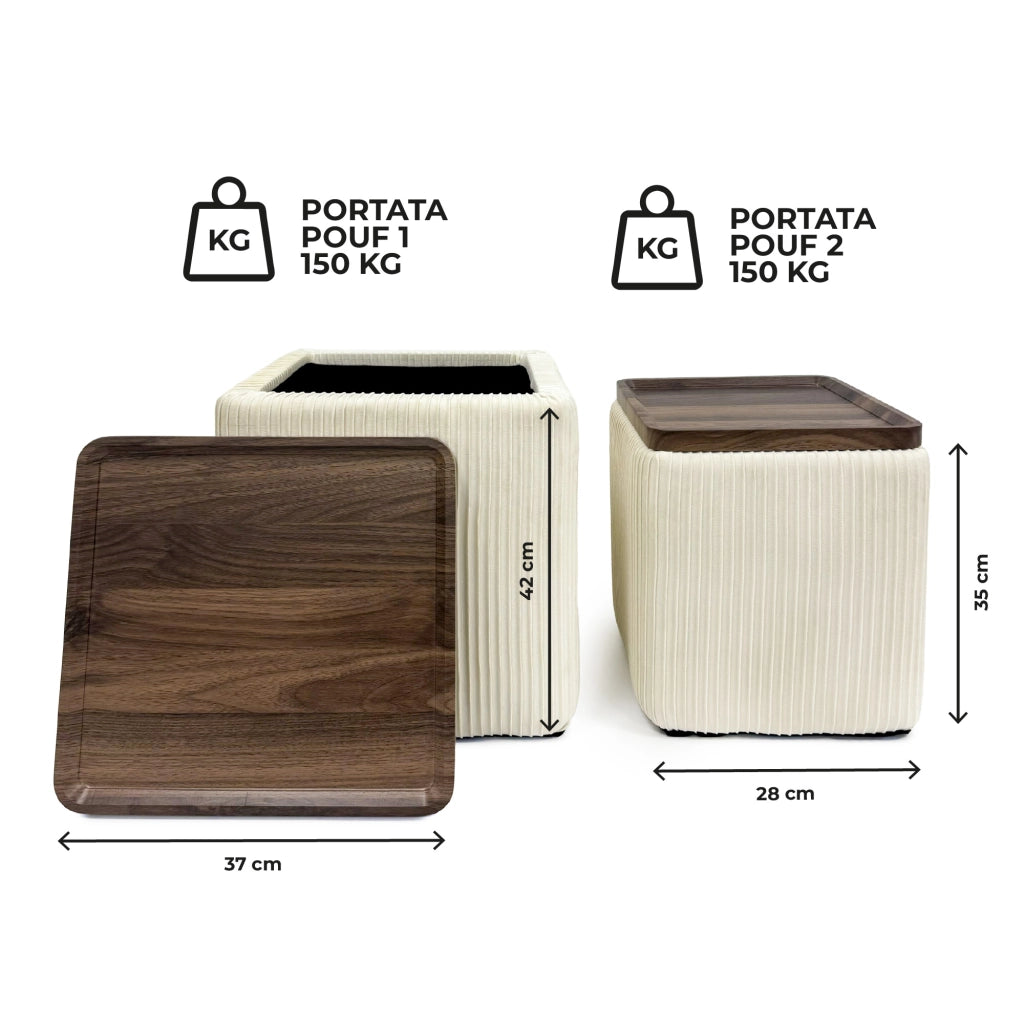 Set 2 Pouf Contenitore Quadrati in Velluto con Coperchio in Legno, Tavolino da Salotto Moderno, Pouf Contenitore Salvaspazio, Seduta Imbottita, Pouf Poggiapiedi Beige