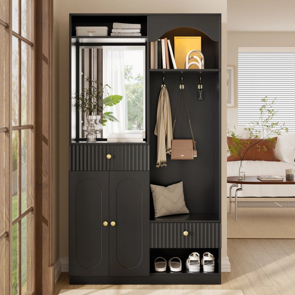 Armadio da ingresso con specchio, ganci, panca e LED, ripiani regolabili, nero, 100 × 35 × 180 cm