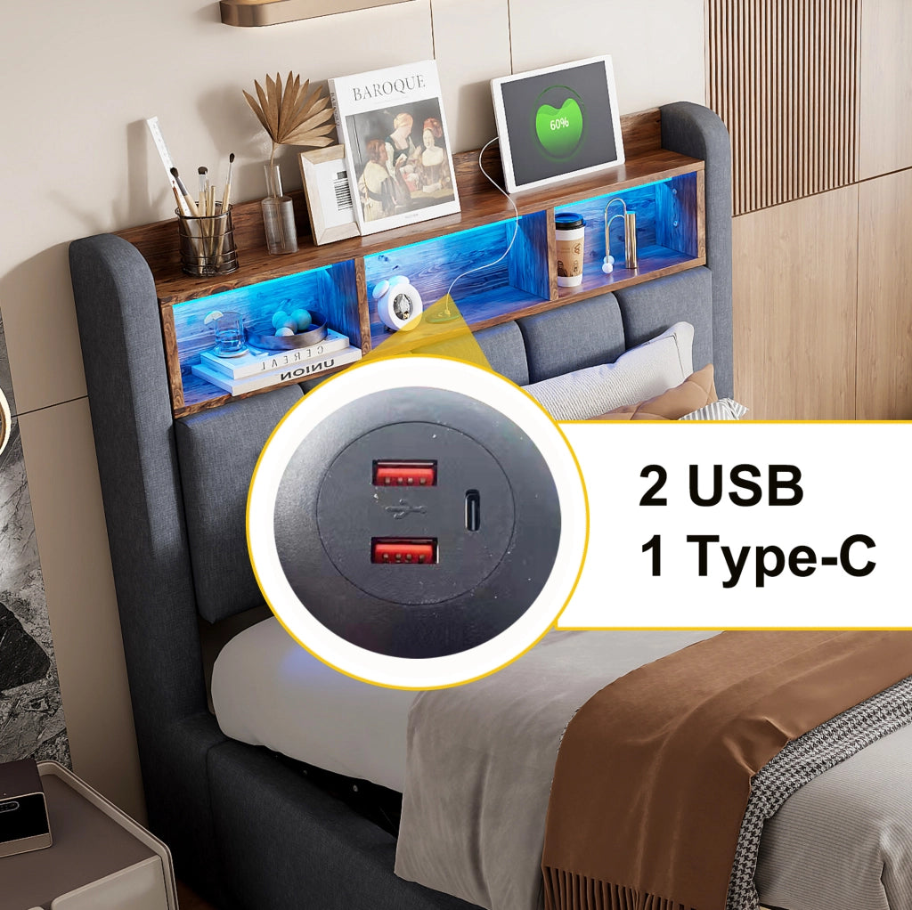 Letto imbottito 90x200 cm con LED; USB e Type-C; vano idraulico; materasso; grigio